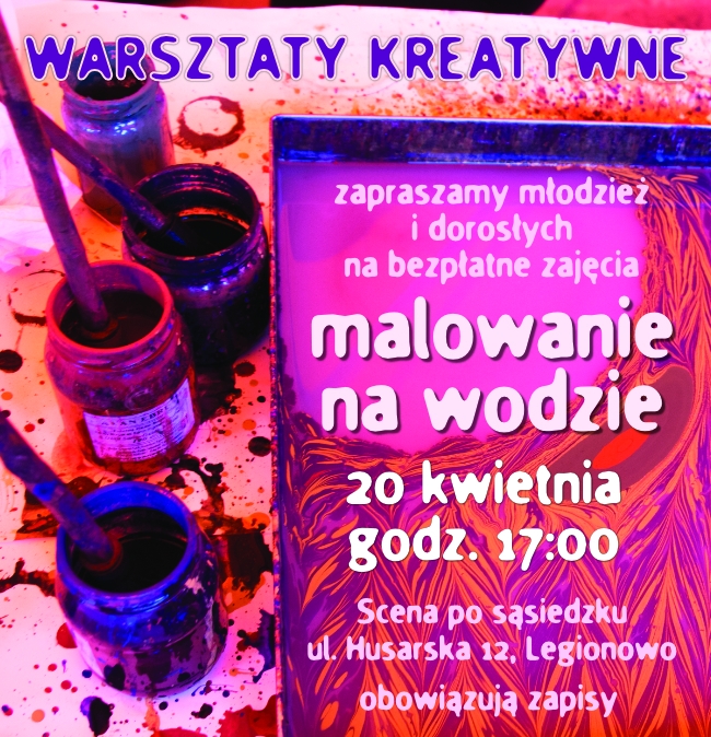 plakat pomarańczowo różowy po lewej strone buteleczki z rozchlapaną farbą po prawej stronie opis wydarzenia