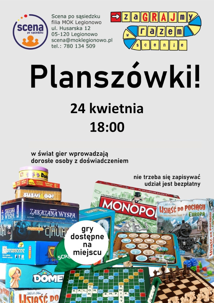 plakat szare tło na dole rozsypane planszówki na górze opis wydarzenia