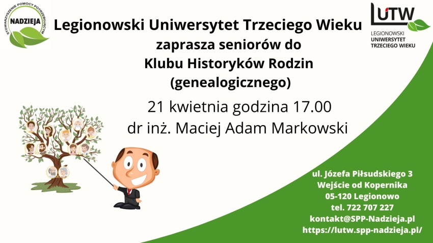 plakat białe tło po lewej stronie drzewo genealogiczne ze zdjęciami  członków rodziny