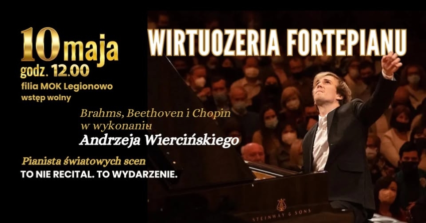 plakat czarne tło, po lewej stronie opis wydarzenia po prawej mężczyzna przy fortepianie