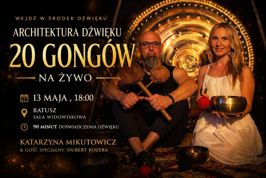plakat czarno złoty z opisem wydarzenia, po prawej stronie złoty gong oraz zdjęcie kobiety i mężczyzny