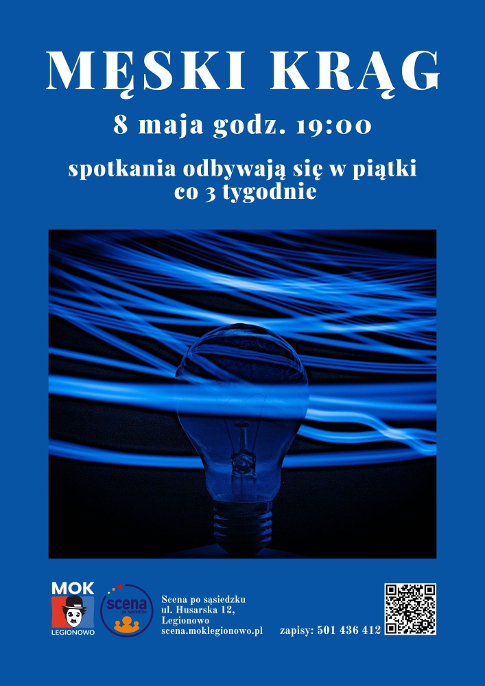 plakat ciemno niebieskie tło, na środku żarówka, na górze opis wydarzenia
