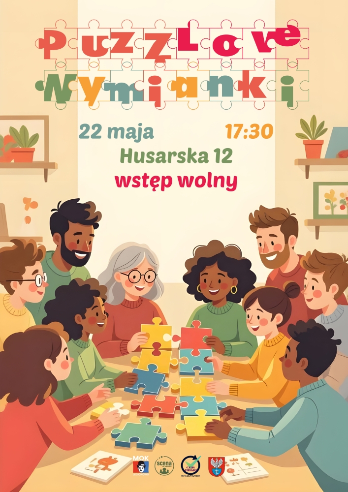 plakat pomarańczowe tło, na dole plakatu ludzie przy stole układający puzzle