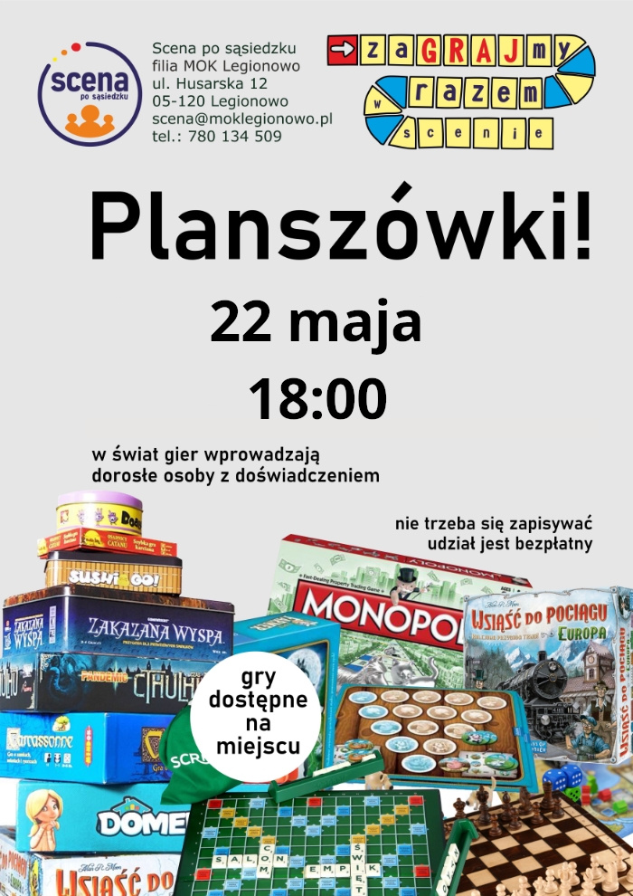plakat szare tło na dole rozsypane planszówki na górze opis wydarzenia
