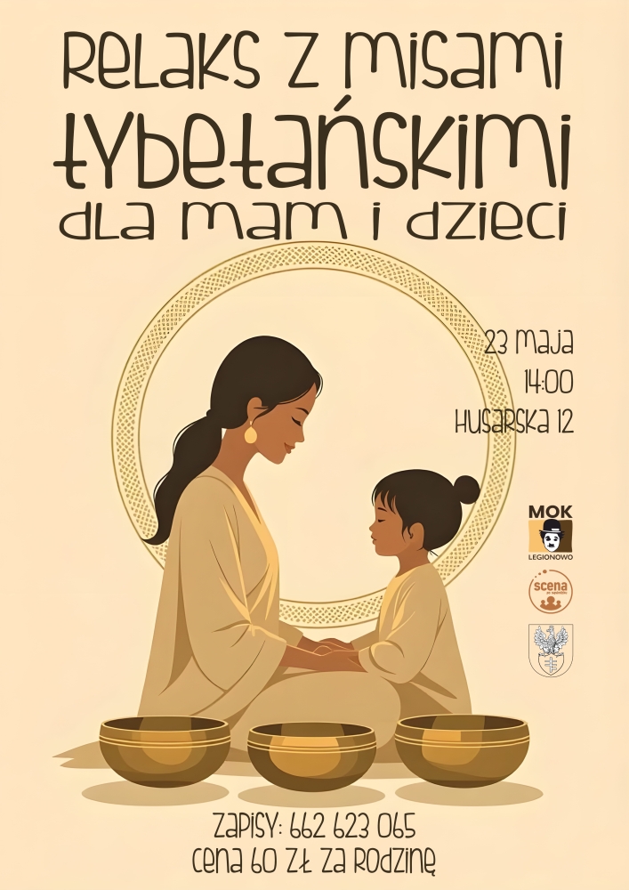 plakat beżowe tło, na środku mama z córką z zamkniętymi oczami trzymają się za ręce, przy nich stoją trzy misy