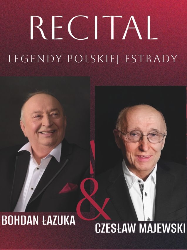 Plakat tło bordowe, zdjęcia Bohdana Łazuki i Czesława Majewskiego