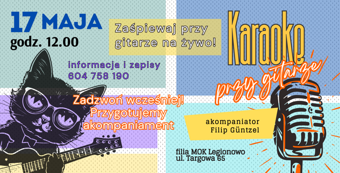 plakat w kwadraty pastelowe kolory niebieski fioletowy żólty zielony po lewej stronie grafika kot z gitarą po prawej grafika mikrofon