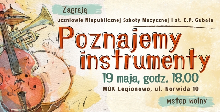 plakat żółty po lewej stronie instrumenty, po prawej opis wydarzenai