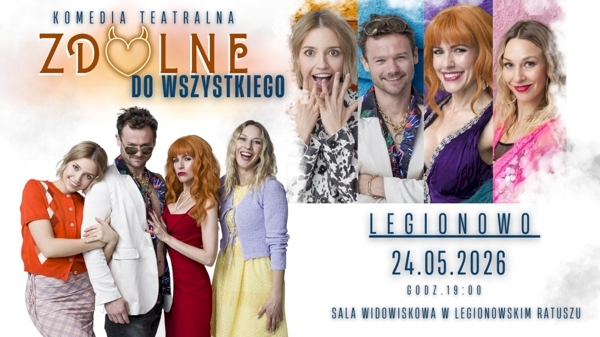 plakat po lewej i po prawej stronie zdjęcia aktorów, po prawej opis wydarzenia