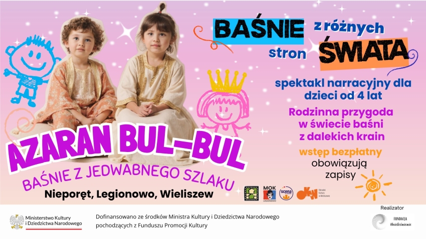 plakat w kolorze jasno różowym po lewej stronie dwoje dzieci dziewczynka i chłopiec, po prawej stronie opis wydarzenia