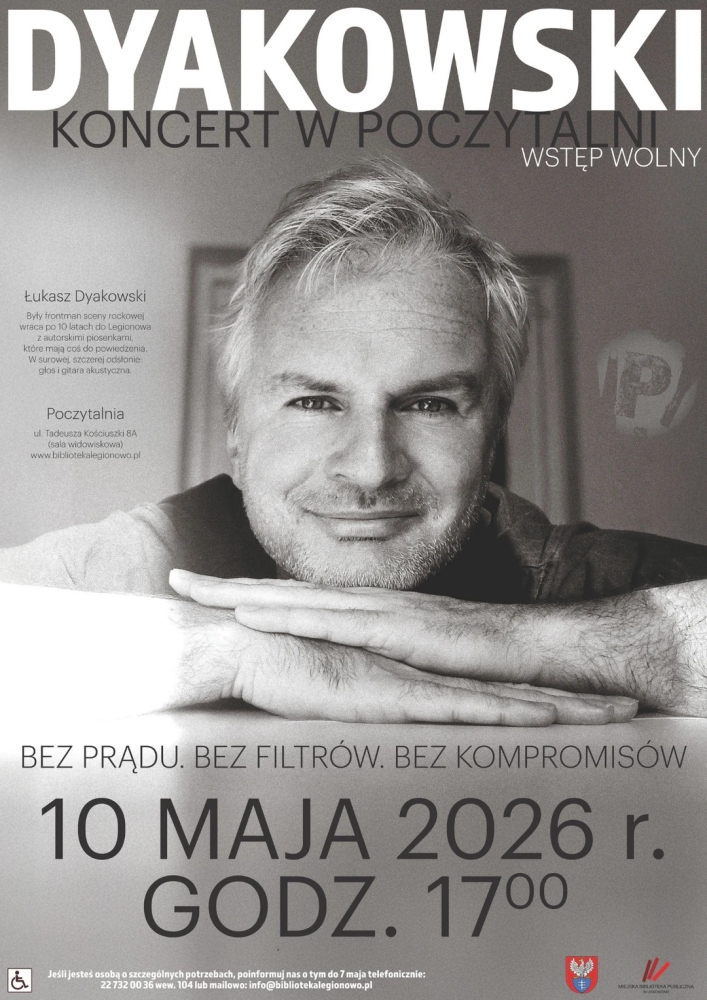 plakat czarno białe zdjęcie Łukasza Dyakowskiego i opis wydarzenia