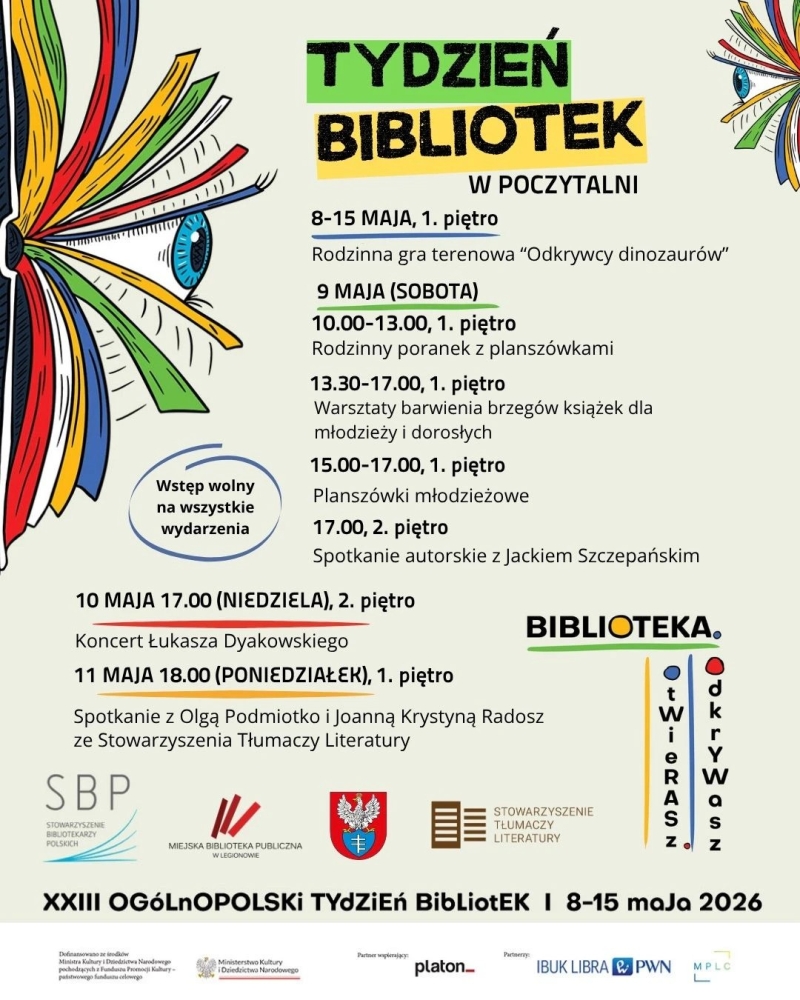 Plakat z opisem wydarzeń na cały tydzień Bibliotek