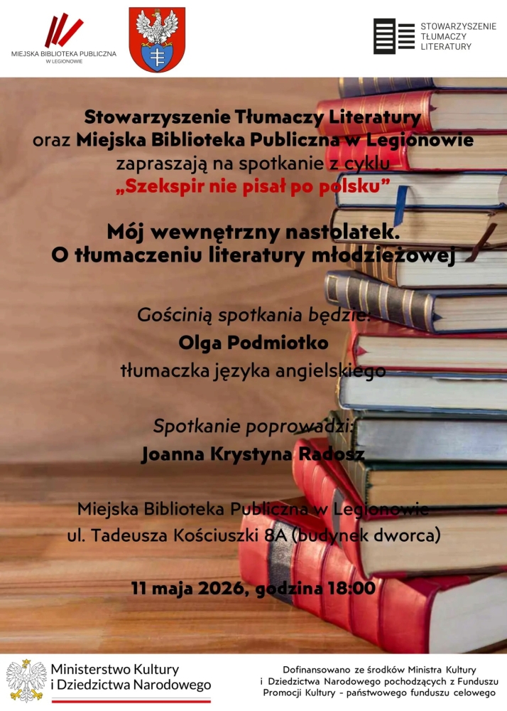plakat w kolorze jasny brąz po lewej stronie opis wydarzenia po prawej stronie książki jedna na drugiej