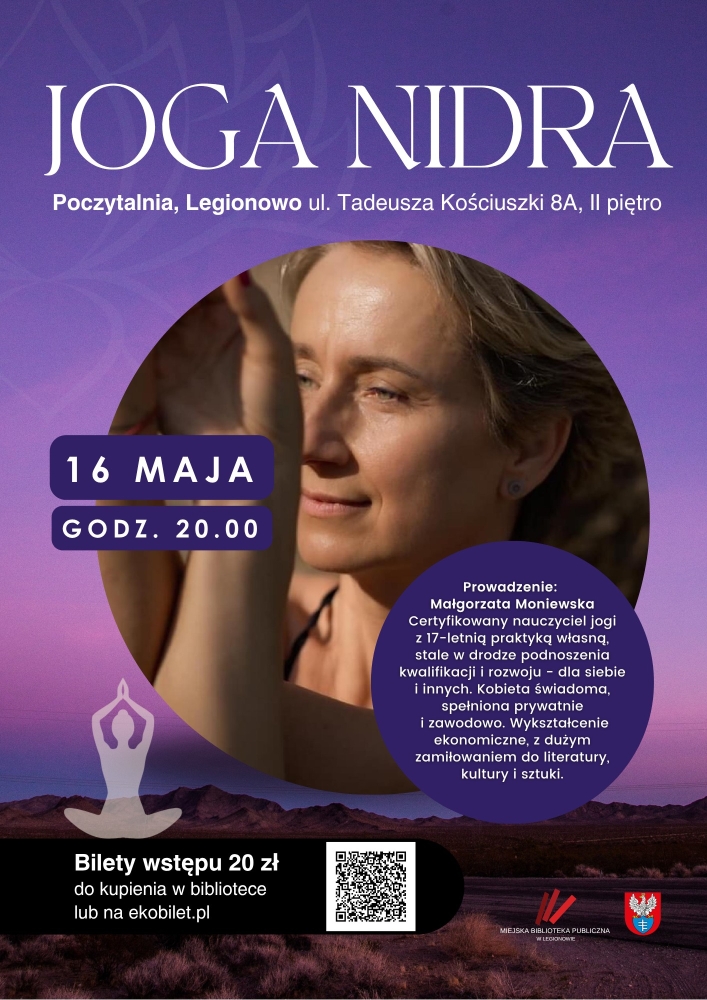 plakat w kolorze fioletowym na środku zdjęcie kobiety , po bokach i na górze opis wydarzenia
