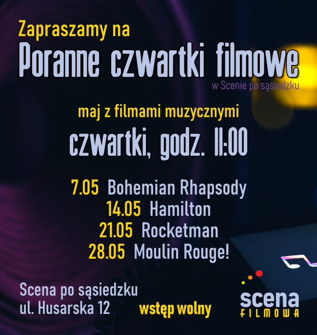 plakat granatowe tło, opis wydarzenia litery w kolorze błękitnym i żółtym