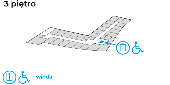 Rzut piętra 3. ratusza. Kolorem niebieskim oznaczono windę.