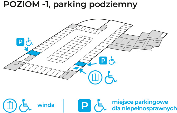 Rzut garażu podziemnego ratusza. Kolorem niebieskim oznaczono windy oraz dwa miejsca parkingowe dla niepełnosprawnych.
