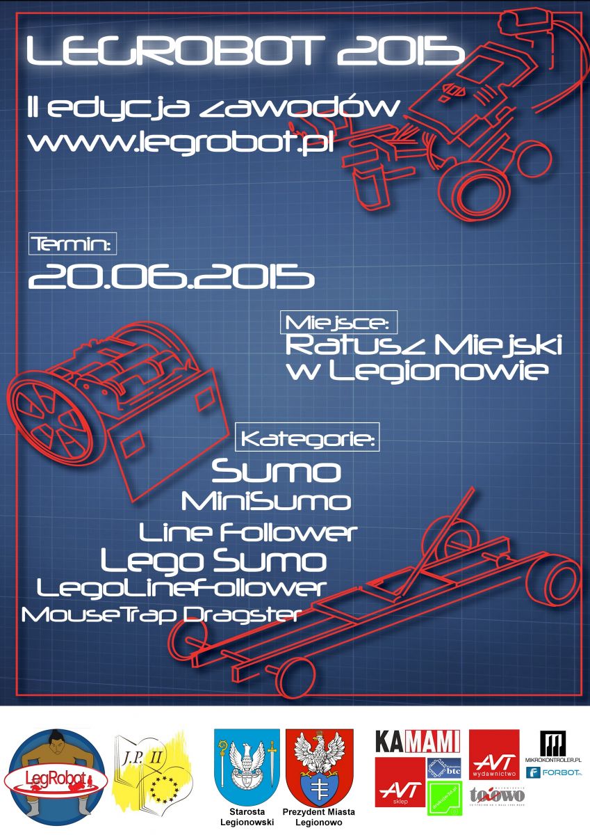 Wystartują roboty zgłoszone przez zawodników z całego kraju w 9 widowiskowych konkurencjach. Organizatorzy: Legionowskie Koło robotyki LegRobot i Niepubliczna Szkoła im. Jana Pawła II w Legionowie