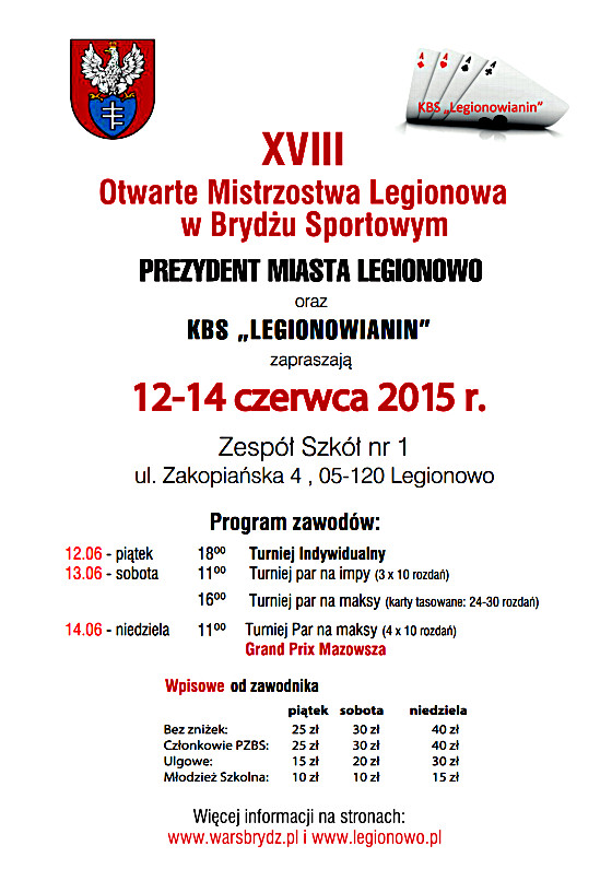 Plakat promujący XVIII Otwarte Mistrzostwa Legionowa w Brydżu Sportowym