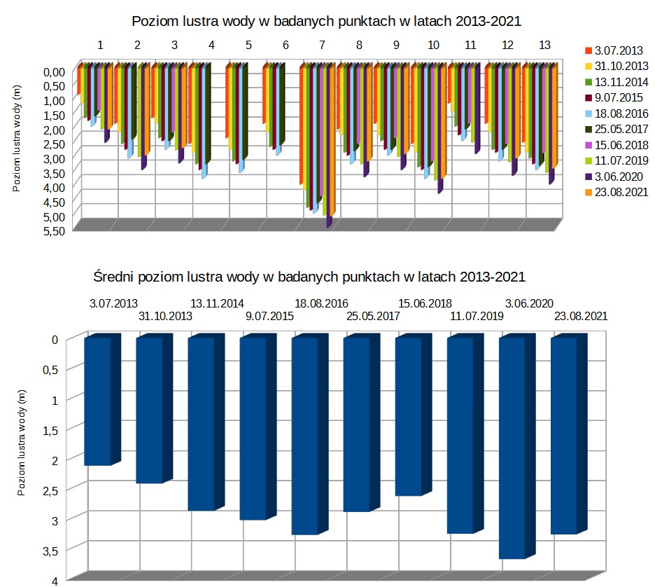 Dwa wykresy: górny to Poziom lustra wody w badanych punktach w latach 2013-2021 drugi natomiast to Średni poziom lustra wody w badanych punktach w latach 2013-2021
