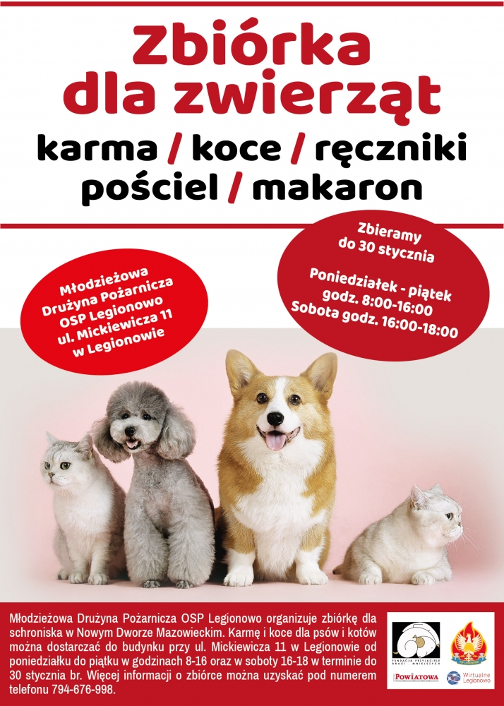 Plakat promujący zbiórkę dla zwierząt. Na plakacie dwa psy i dwa koty. Źródło grafiki osp-legionowo.pl