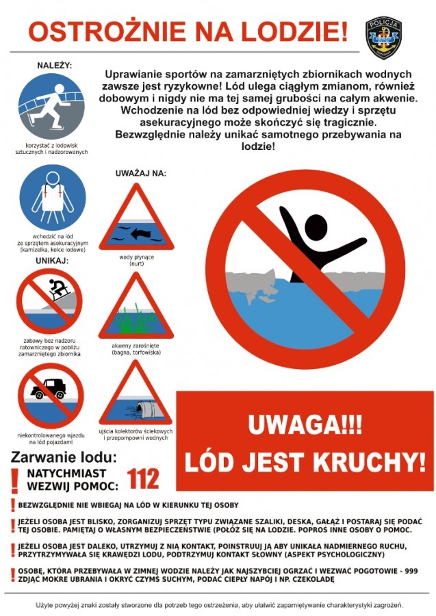 Grafika promująca ostrożność na lodzie