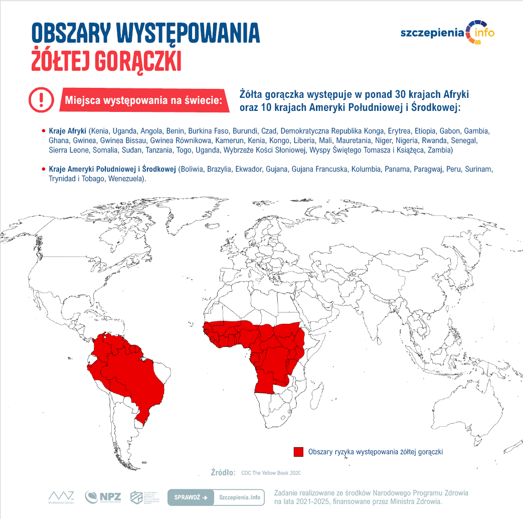 Wykaz krajów występowania żółtej gorączki - mapa