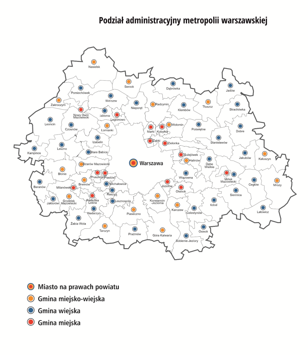 Mapa podziału administracyjnego metropolii warszawskiej