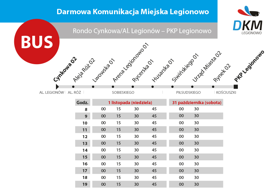 Schemat z rozkładem jazdy autobusu specjalnego w dniach 31 października i 1 listopada