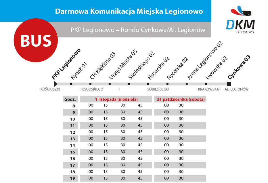 Schemat z rozkładem jazdy autobusu specjalnego w dniach 31 października i 1 listopada