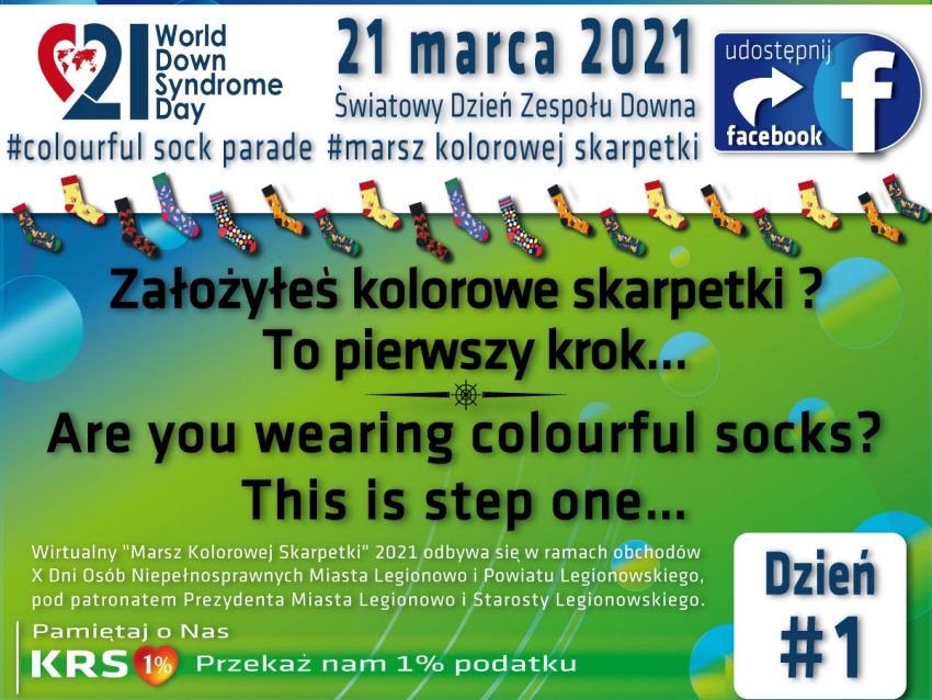 Grafika pokazująca pierwszą z 21 kartek na Marsz Kolorowych Skarpetek