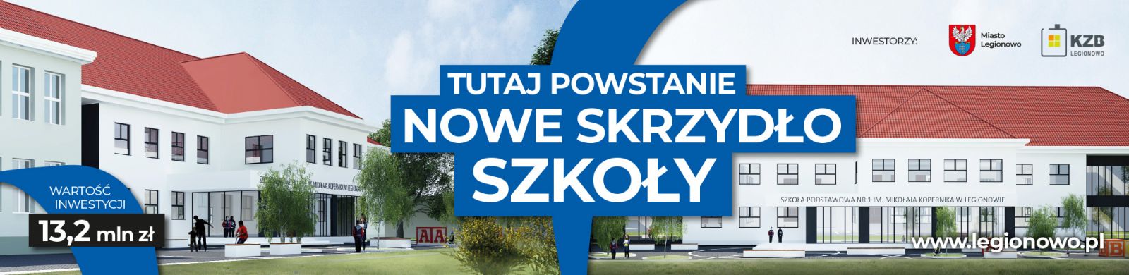 Baner promujący inwestycję. Kwota dofinansowania oraz  wizualizacja.