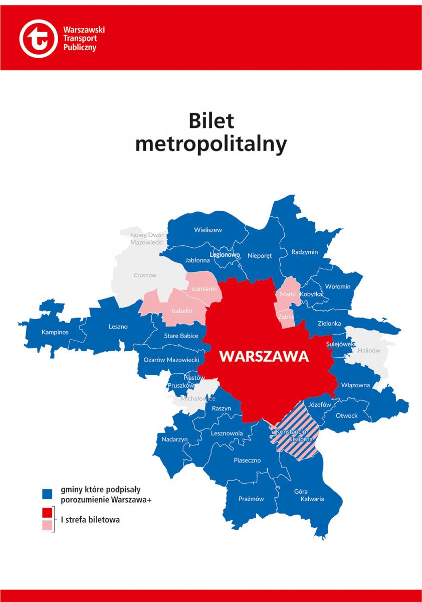 Mapa przedstawiająca obszar działania biletów Warszawa+ /ztm.waw.pl