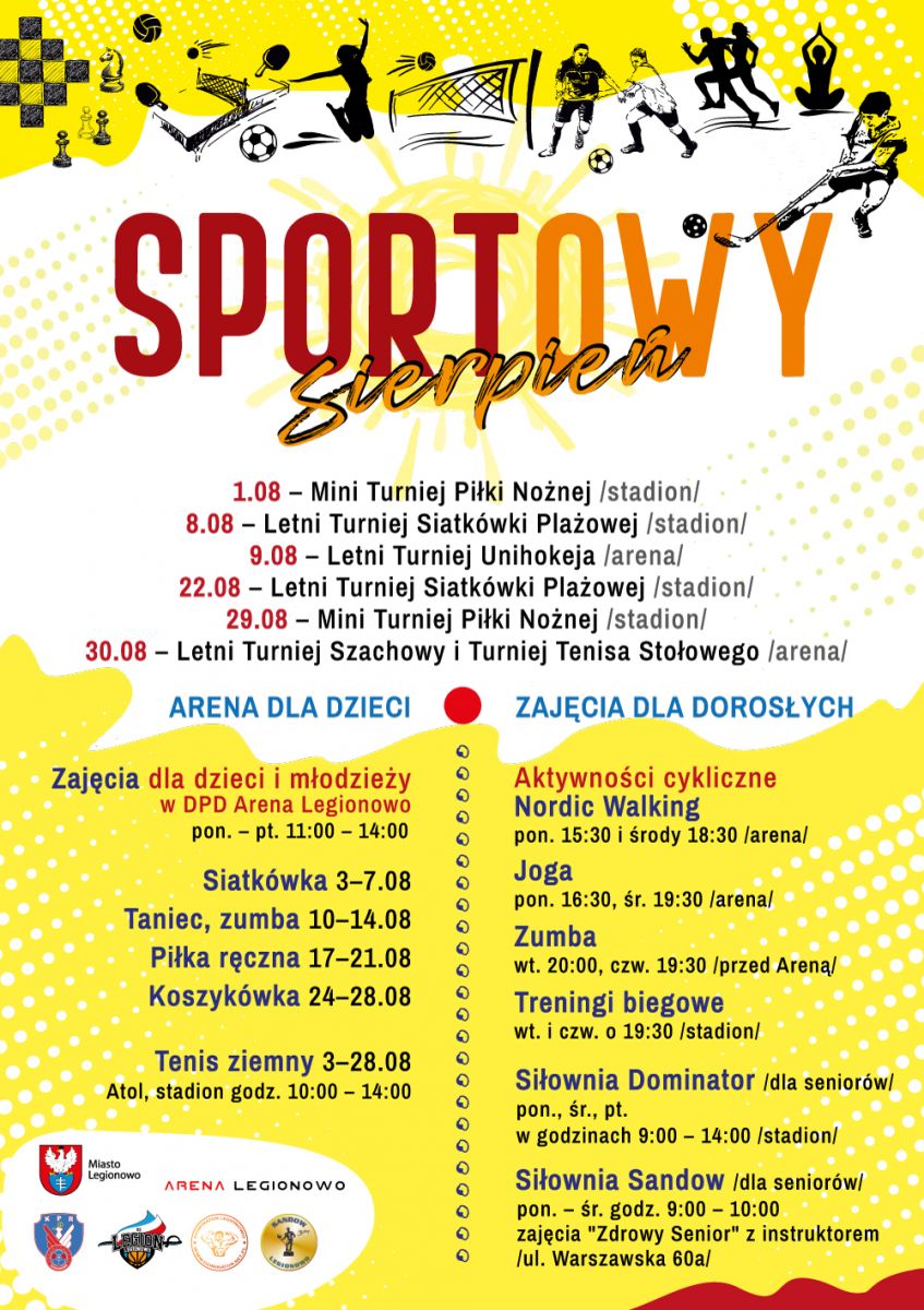 Plakat - Sportowy Sierpień z Areną. Na plakacie wyróżnione są terminy w których odbywać będą się różne zawody i zajęcia.