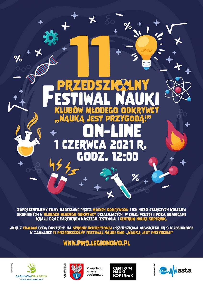 Plakat 11 Przedszkolnego Festiwalu Nauki Klubów Małego Odkrywcy pod nazwą 'Nauka jest przygodą'.