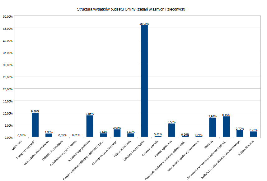 Tabela graficznie przedstawiająca procentowe wydatki gminy na różnorodne elementy