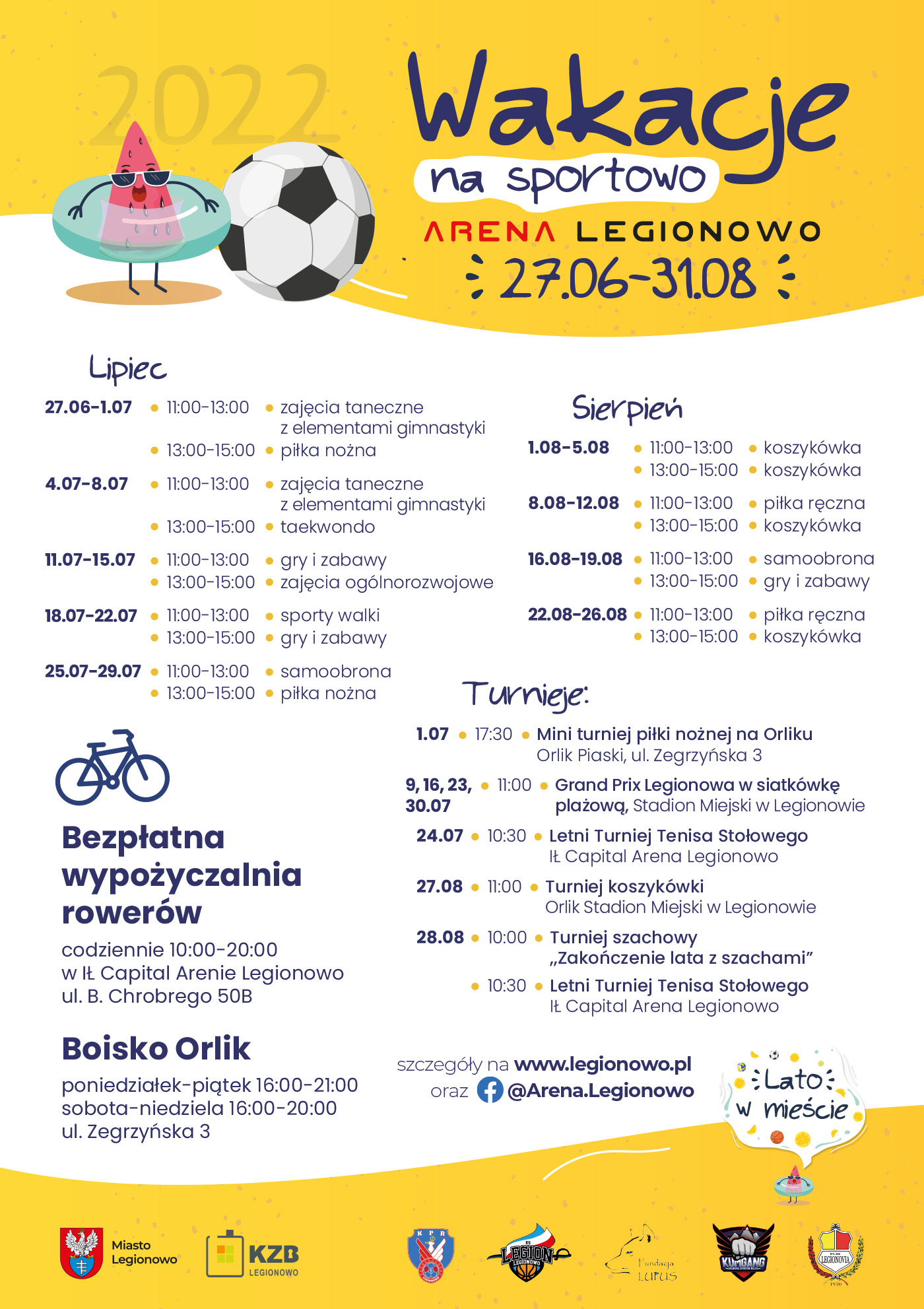 Plakat z informacjami o wakacjach na sportowo 2022 w Legionowie