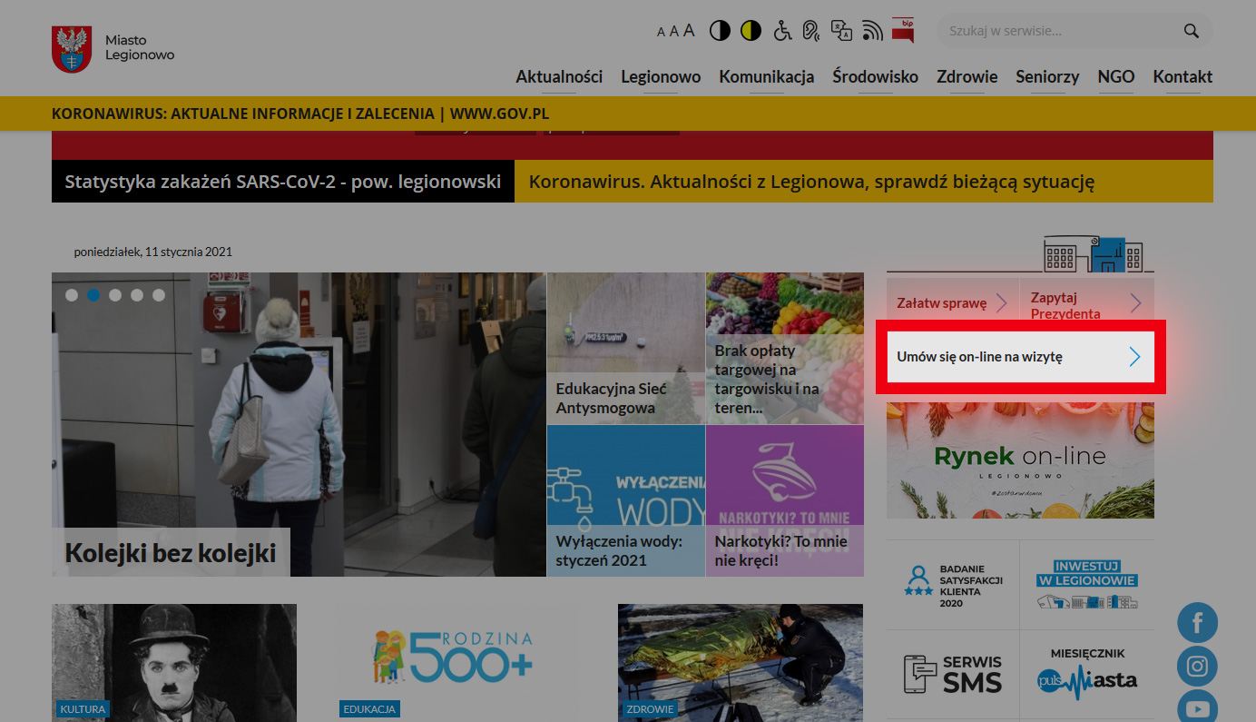 Screen strony internetowej Miasta Legionowo z zaznaczonym elementem - umów się on-line na wizytę