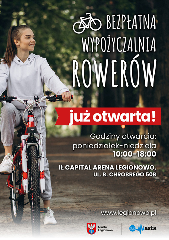 Plakat informujący o bezpłatnej wypożyczalni rowerów